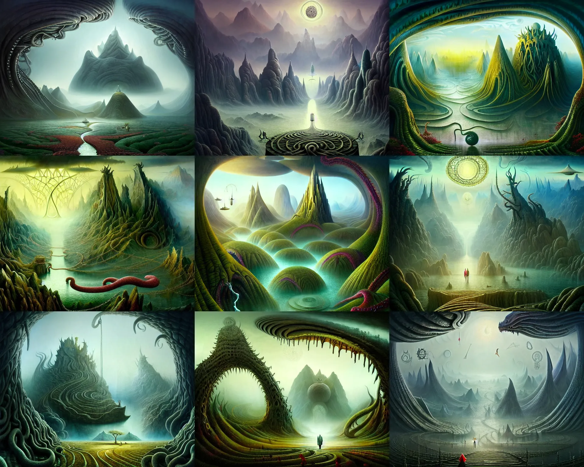 Prompt: a beguiling epic stunning beautiful and insanely detailed matte painting of the impossible winding path through the land of the elder gods with surreal architecture designed by Heironymous Bosch, mega structures inspired by Heironymous Bosch's Garden of Earthly Delights, vast surreal landscape and horizon by Asher Durand and Cyril Rolando and Andree Wallin, masterpiece!!!, grand!, imaginative!!!, whimsical!!, epic scale, intricate details, sense of awe, elite, wonder, insanely complex, masterful composition!!!, sharp focus, fantasy realism, dramatic lighting