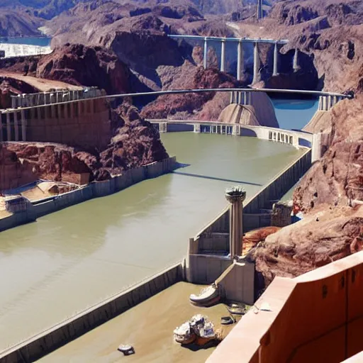 Image similar to dril fist fighting drilbot on top of hoover dam