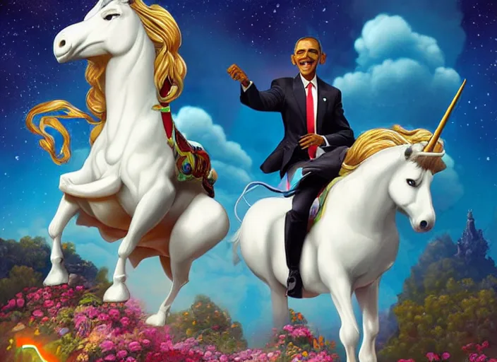 Image similar to obama riding an unicorn, pixar style, by tristan eaton stanley artgerm and tom bagshaw.