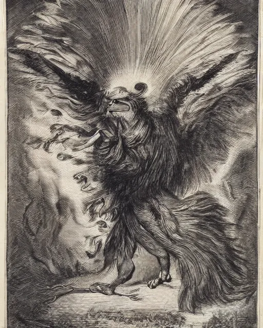 Image similar to a creature with the body and eyes of a man, with the beak of an eagle, the mane of a lion, and the horns of an ox. drawn by francis bacon