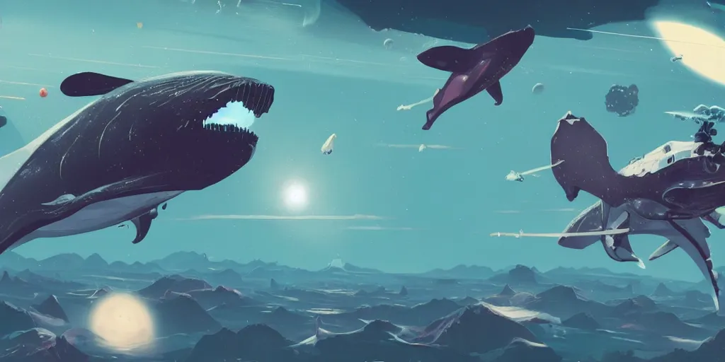 Image similar to no mans sky concept art of flying whale, space whale