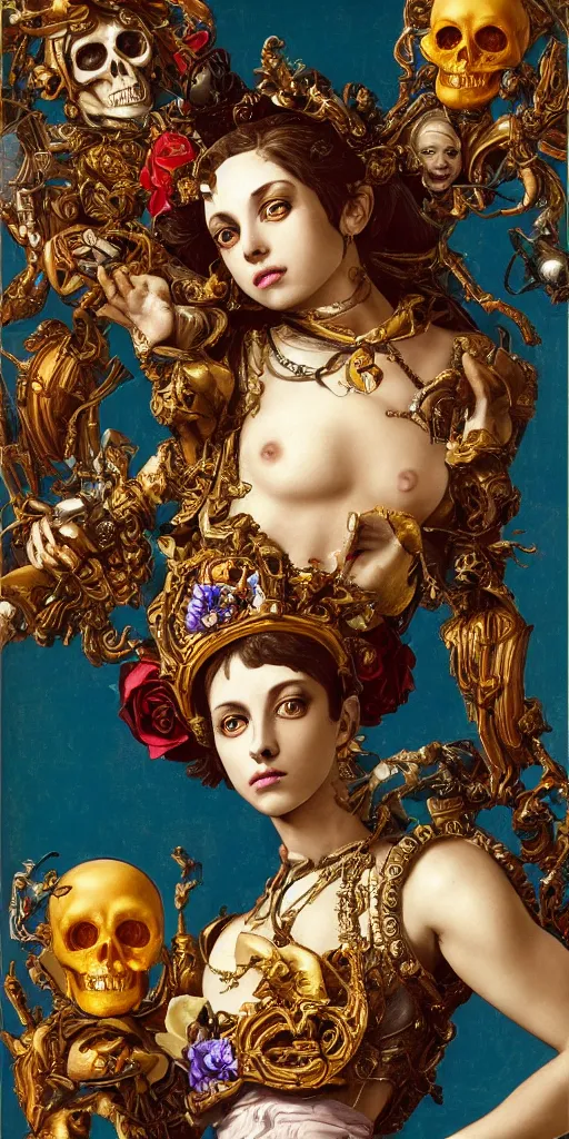 Prompt: a young beautiful Spanish metal android with a large glowing yellow lit crystal in the center of her chest, full-body bronze cyberpunk style statue of Venus with glowing purple eyes, crown of mechanical peach roses, flowing teal-colored silk, fabric, steampunk flowers. baroque elements, human skull. full-length view. baroque element. intricate artwork by caravaggio. many flying horses on background. Trending on artstation, octane render, cinematic lighting from the right, hyper realism, octane render, 8k, depth of field, 3D