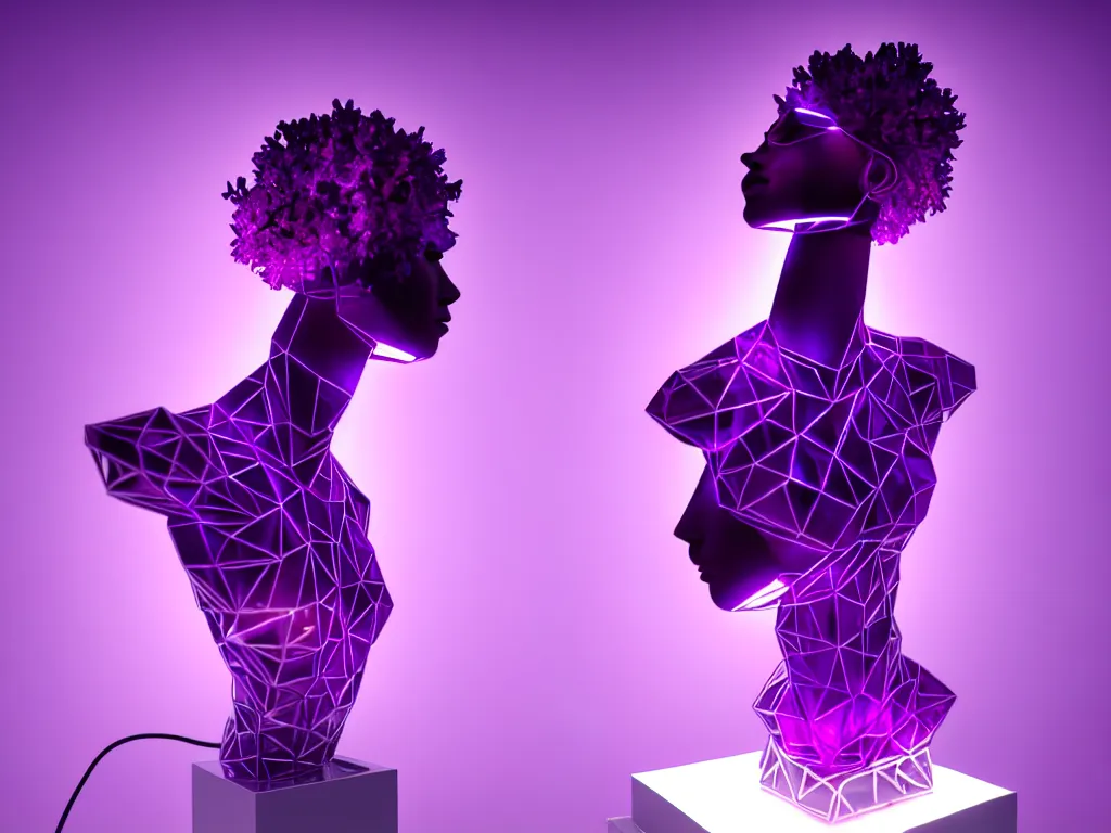 Image similar to beautiful mannequin sculpted out of amethyst by billelis + lit with purple 3 d geometric neon + chrome geometric cubed bonsai plants!!!!, doorway opening with neon pink geometric light, clean linework, dramatic, finely detailed, rule of thirds, moody, confident, award winning, 4 k, trending on artstation, photorealistic, volumetric lighting, octane render