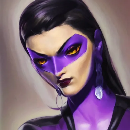 Image similar to oil painting of widowmaker from overwatch in the desert, black and purple jacket, beautiful face, detailed eyes, very detailed face, feminine face, full body