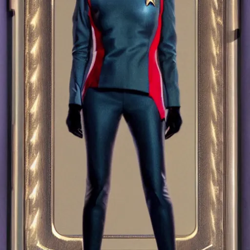 Image similar to a full body portrait of 3 0 year old eva green as a star fleet officer from star trek next generation, ultra rendered, extreme realism and detail, 8 k, highly detailed, realistic, completely framed, hyper realistic, colorful, direct lighting, 3 5 mm photo, photorealistic, sharp focus