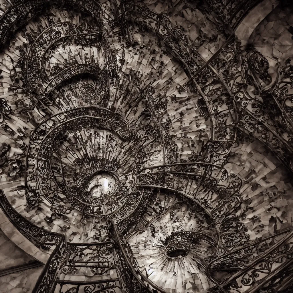 Prompt: , grand spiral stairs going down deep in the dark, with many doors ad ornamented widows, architecture by antoni gaudi, dramatic volumetric, cinematic light, cinematic photography, hyperrealist, high detailed