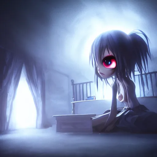 Prompt: full shot portrait of angry darkness anime girl hide under a bed at moonlight, gothic wearing, worrying eyes, inspired by Tim Burton, detailed, unreal engine 4k volumetric light, dense fog,