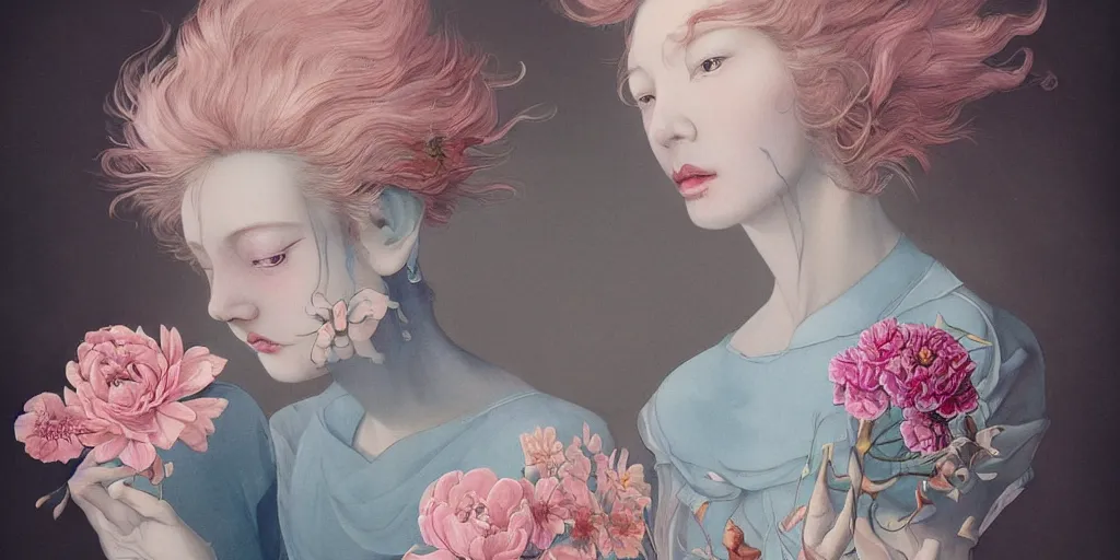 Image similar to breathtaking detailed concept art painting blend of two pink short hair goddess of light blue flowers by hsiao - ron cheng with anxious piercing eyes, vintage illustration pattern with bizarre compositions blend of flowers and fruits and birds by beto val and john james audubon, exquisite detail, extremely moody lighting, 8 k