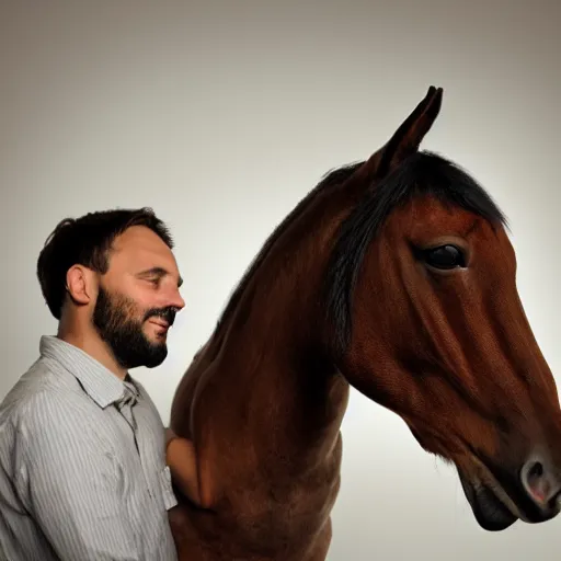 Image similar to man wearing horse head mask on shoulder of man