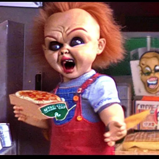 Prompt: security camera footage of chucky doll screaming at customers eating pizza