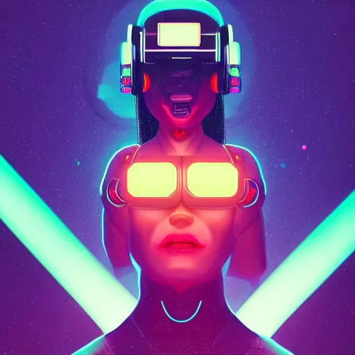 Image similar to cyberpunk concept cool girl cyborg bot, cinema 4 d, galaxy, ufo, space sci - fi, wearing vr goggles, illustration, portrait, pastel neon textured background night, trending on artstation, greg rutkowski, octane rendered, 1 2 k, detailed,