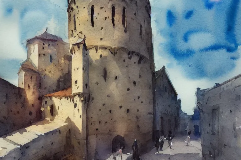 Image similar to small centered on watercolor paper, paint brush strokes, abstract watercolor painting of medieval city wall entrance, rough rock, heavy port, cinematic light, national romanticism by hans dahl, by jesper ejsing, by anders zorn, by greg rutkowski, by greg manchess, by tyler edlin