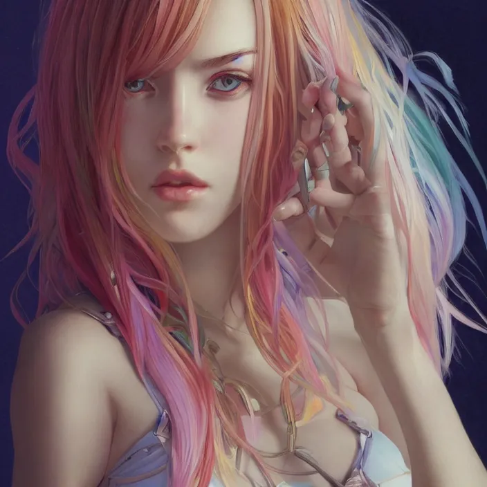 Image similar to portrait of beautiful symmetrical anime girl, rainbow hair, attractive, casual, modern, victoria's secret, highly detailed, digital painting, artstation, concept art, smooth, sharp focus, illustration, art by artgerm, greg rutkowski and alphonse mucha, 8 k,