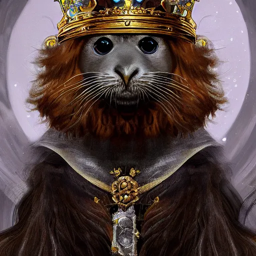 Image similar to an oil painting portrait of a long haired fluffy seal bicolor ragdoll cat wearing medieval royal robe and an ornate crown on a dark space background digital Art, concept Art, highly detailed, 3-D 4K, trending on art station, Mark Brooks,