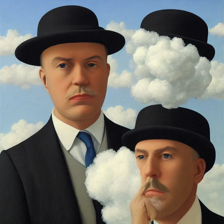 Image similar to portrait of a man in a suit, his face is fully made of clouds and he is wearing a hat, by rene magritte, detailed painting, hd, hq, high resolution, high detail, 4 k, 8 k