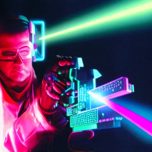 Prompt: Cyber pope shooting bright lasers out of his head, 80s, science fiction, cyberpunk, neon, low angle shot