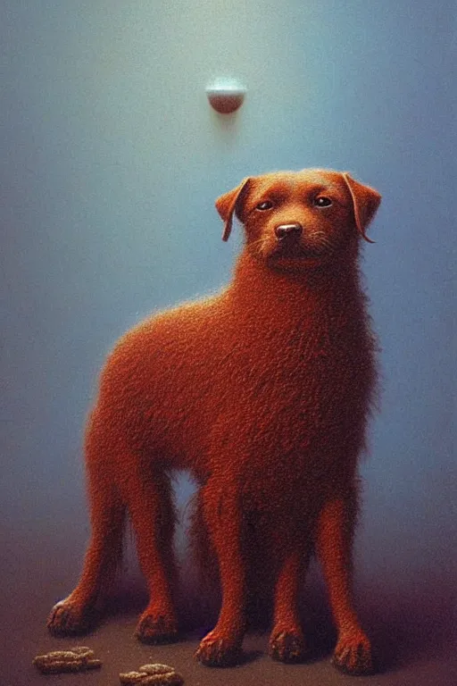 Image similar to painting of a very cute dog made of baked beans, baked bean skin texture, by zdzislaw beksinski, by dariusz zawadzki, by wayne barlowe, gothic, surrealism, cosmic horror, lovecraftian, cold hue's, warm tone gradient background, concept art, beautiful composition