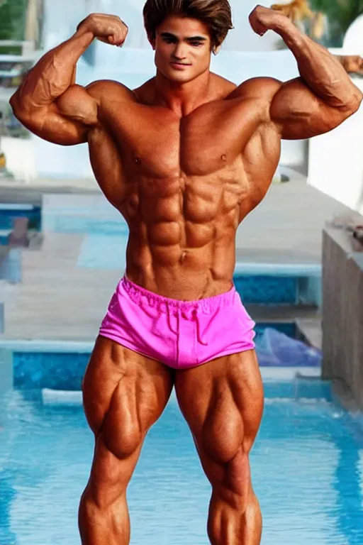 Prompt: very buff male fitness model, Jeff Seid as Ken with blonde hair, muscular, wearing a pink cut-off 90s styled crop top and jeans, by a swimming pool, shiny metallic glossy skin