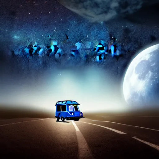 Prompt: a dark blue tuk tuk floating across the night sky, science fiction, milky way, moon, matte painting, concept art, 4k