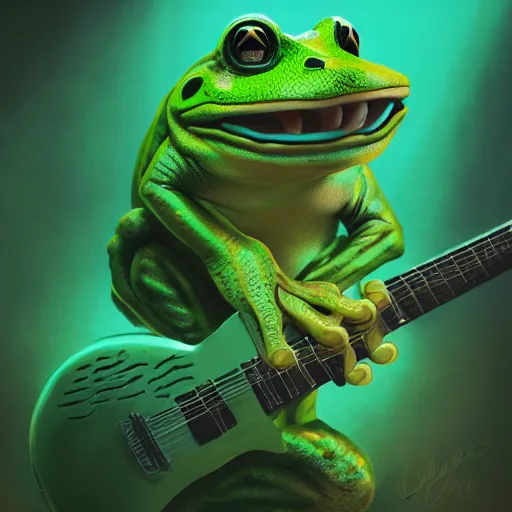 Prompt: a green big frog playing the guitar. intricate, epic lighting, cinematic composition, hyper realistic, 8 k resolution, unreal engine 5, by artgerm, tooth wu, dan mumford, beeple, wlop, rossdraws, james jean, marc simonetti, artstation