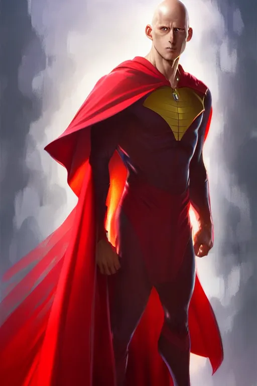 Image similar to ultra realistic illustration, handsome saitama. red cape, intricate, elegant, highly detailed, digital painting, artstation, concept art, smooth, sharp focus, illustration, art by artgerm and greg rutkowski and alphonse mucha and wlop