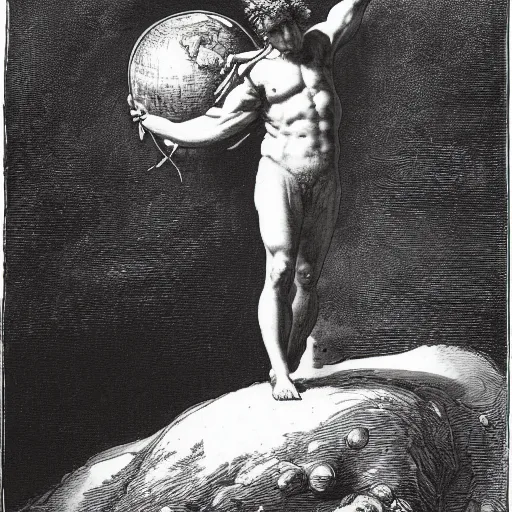 Image similar to a painting by Gustave Doré of atlas holding the earth on his back