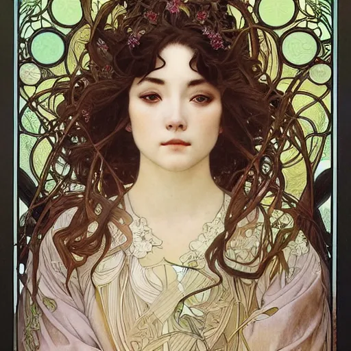 Prompt: realistic detailed face portrait of a beautiful young queen of Japanese Maple trees by Alphonse Mucha, Ayami Kojima, Greg Hildebrandt, and Mark Brooks, Art Nouveau, Neo-Gothic, gothic