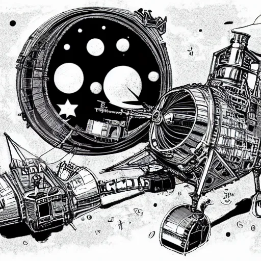 Image similar to Moon landing, Steampunk, by Yusuke Murata