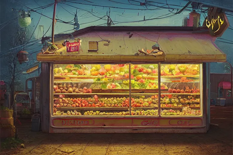 Prompt: beautiful painting of a dreamy fruit store in the style of Simon Stålenhag and H. R. Giger, detailed, trending on Artstation