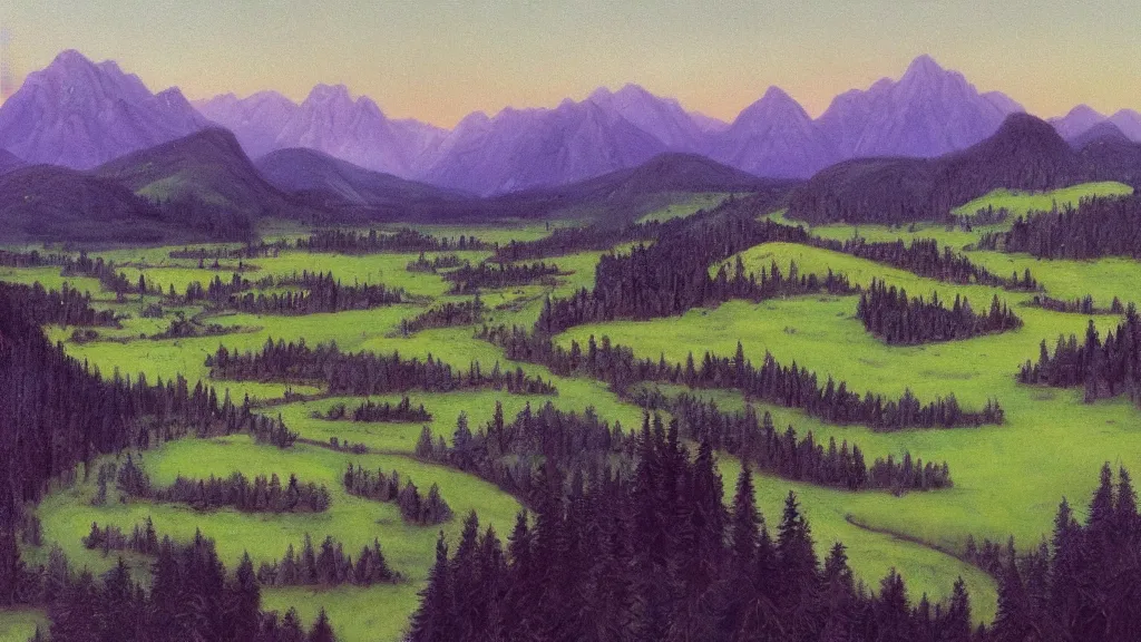 Prompt: The most beautiful panoramic landscape, oil painting, where the mountains are towering over the valley below their peaks shrouded in mist. The moon is high in the sky producing a warm glow and the sky dark purple and filled with stars and cirrus clouds. The river is winding its way through the valley and the trees are vivid green, by Greg Rutkowski, aerial view