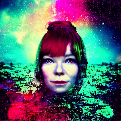 Image similar to “music album cover Bjork style redhead girl in a magic forest glitch noise pixelsorting RGB shift high resolution”