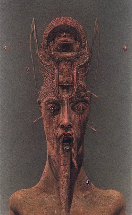 Image similar to portrait of great egyptian god khonshu, creepy, scary, strange, by beksinski and moebius