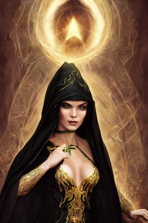 Prompt: a portrait of a beautiful sorceress wearing a black robe with gold embroidery, casting a spell, green glows, painted by artgerm and tom bagshaw, in the style of magic the gathering, highly detailed digital art