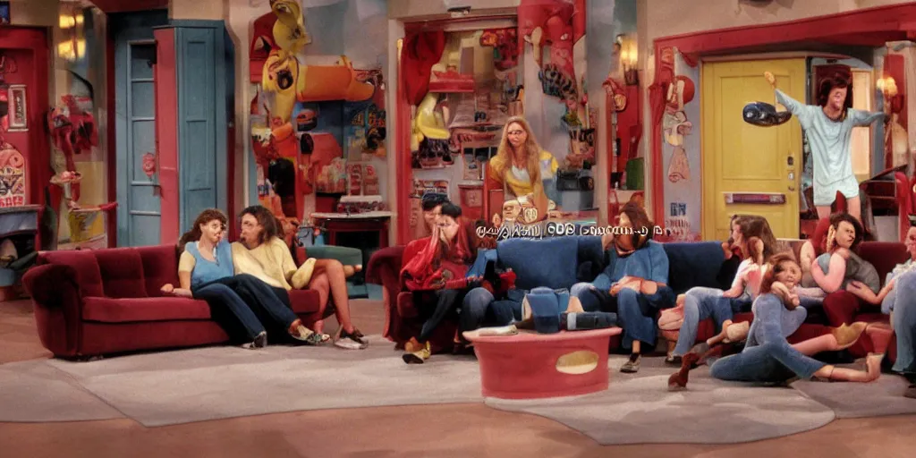 Image similar to 1990s photo of inside the Friends Show roller coaster at Universal Studios in Orlando, Florida, riding a sofa roller coaster through the Friends apartments , cinematic, UHD