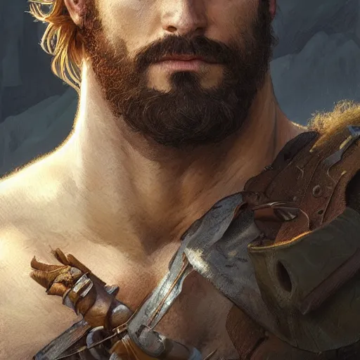 Image similar to portrait of a rugged ranger, muscular, upper body, hairy chest, D&D, fantasy, intricate, elegant, highly detailed, digital painting, artstation, concept art, matte, sharp focus, illustration, art by Artgerm and Greg Rutkowski and Alphonse Mucha