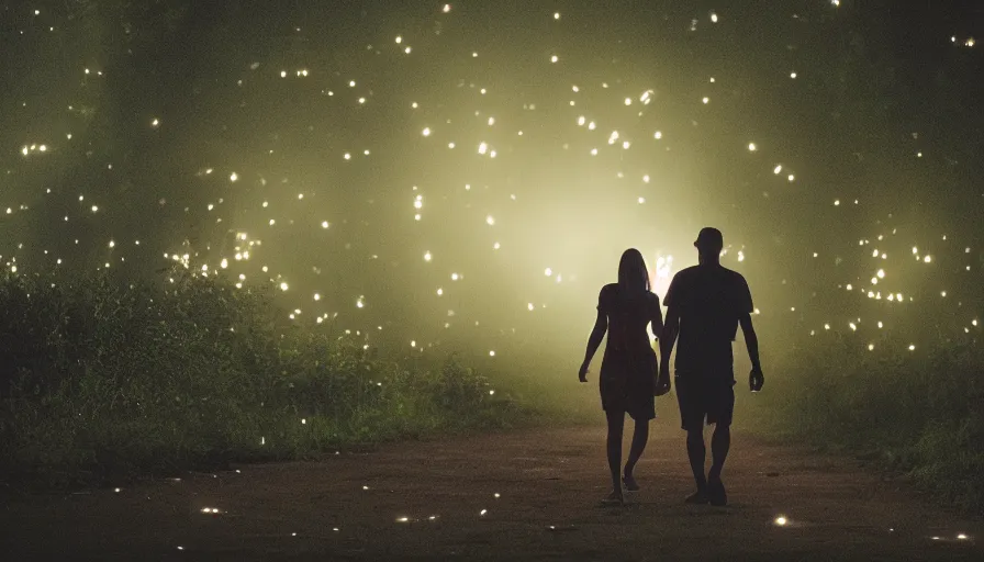 Image similar to a couple walking in the middle of fireflies in a poor neighbourhood, cinematic lighting, wow, establishing shot