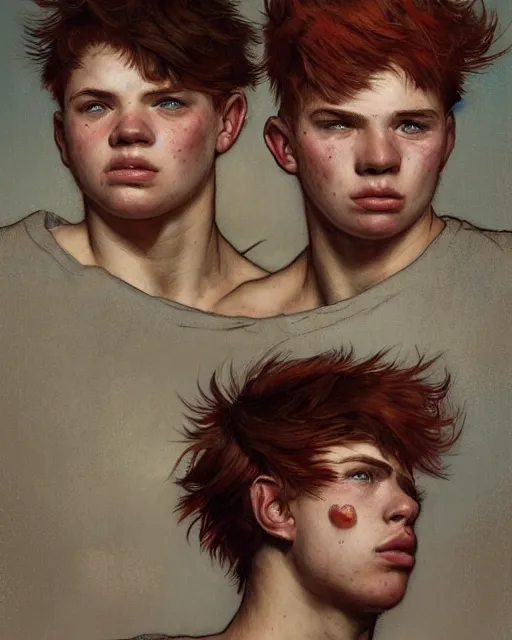 Image similar to portrait of short and stocky, 1 9 - year - old male twins with red hair and freckles, hyper realistic face, beautiful eyes, fantasy art, in the style of greg rutkowski, intricate, alphonse mucha, hyper detailed, smooth