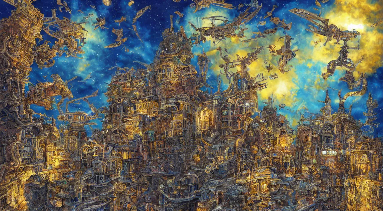 Prompt: vivid colours, guido borelli da caluso, Yoshitaka Amano, smooth paper with detailed line work, Mandelbulb, Exquisite detail perfect symmetrical, silver details, hyper detailed, bold intricate ink illustration, smooth textures, steampunk, smoke, neon lights, starry sky, steampunk city, liquid polished metal, by don bluth