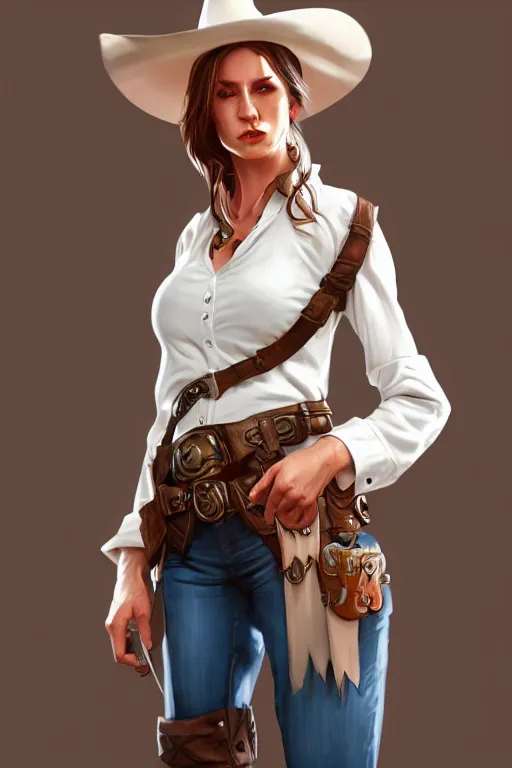 Image similar to full body, female cowgirl, perfect face, white blouse, holster, 8 k, magic the gathering, desert, d & d, artstation, high detail, smooth, sweaty character concepts by senior concept artist