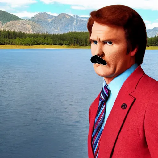 Image similar to Realistic image: Ron Burgundy standing near a lake