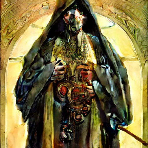 Prompt: portrait painting of robed figure, ultra realistic, concept art, intricate details, ornate, highly detailed, photorealistic, photorealism, octane render. art by wayne barlowe and alphonse mucha and james jean