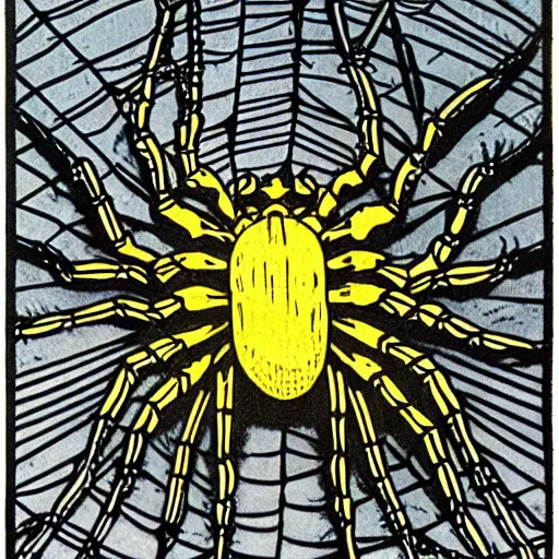 Prompt: a spider in an empty room, colored woodcut, poster art, by Mackintosh, art noveau, by Ernst Haeckel