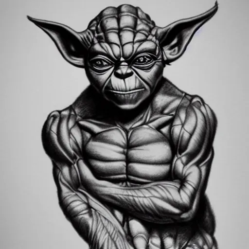 Prompt: full body black and white pencil sketch of a muscular Yoda