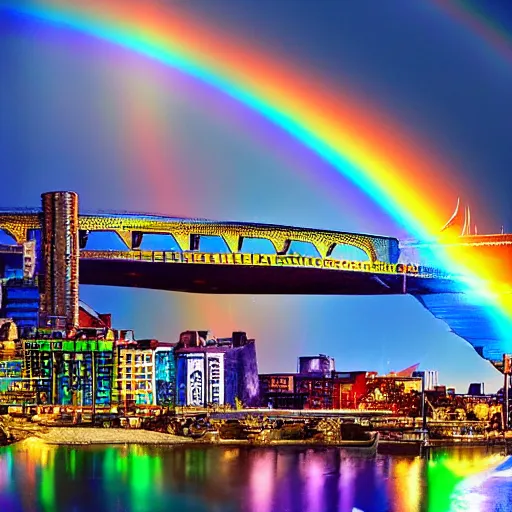 Prompt: the cityscape of asgard with its rainbow bridge
