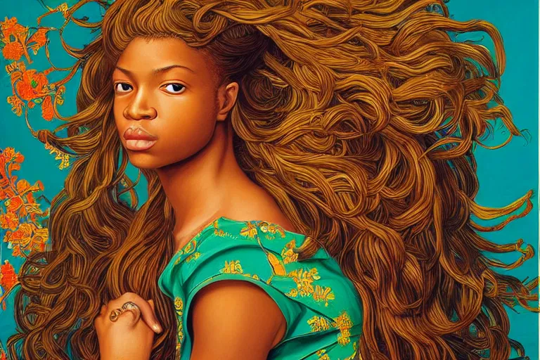 Image similar to a beautiful girl with long hair and with iridescent skin by kehinde wiley