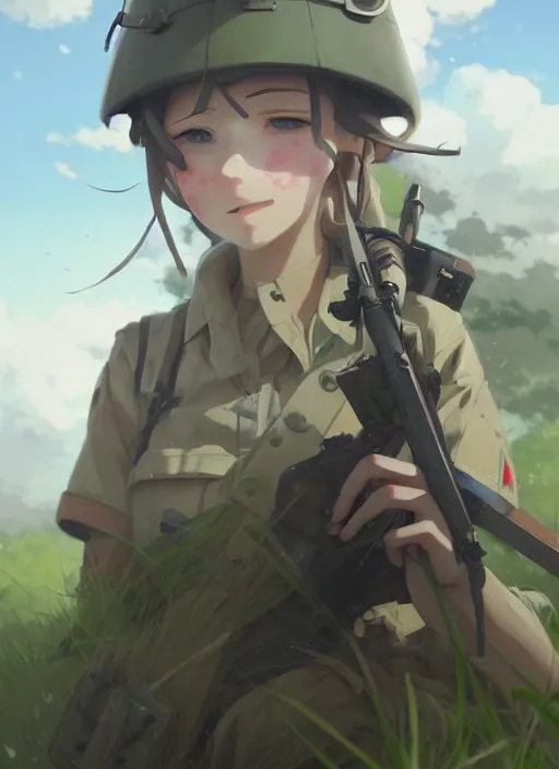 Image similar to portrait of cute soldier girl taking cover, cloudy sky background lush landscape illustration concept art anime key visual trending pixiv fanbox by wlop and greg rutkowski and makoto shinkai and studio ghibli and kyoto animation soldier clothing military gear realistic anatomy mechanized