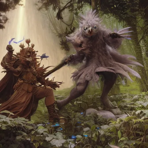 Prompt: Magic The Gathering art action shot of goblin scientist fighting an owl bear, drawn by Donato Giancola and Tom Bagshaw, Edmund Leighton, Alphonse Mucha, 4k, volumetric lighting, komorebi, intense battle scene award winning, octane render, hyperrealistic