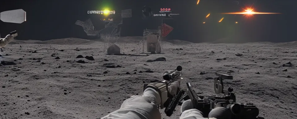 Image similar to gunfight on the moon, photorealistic, cinematic, high - res