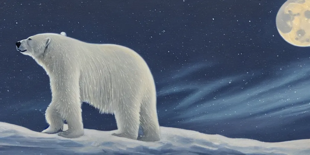 Image similar to an oil painting of a close - up polar bear traversing a snowy landscape at night, the northern lights and the moon are visible