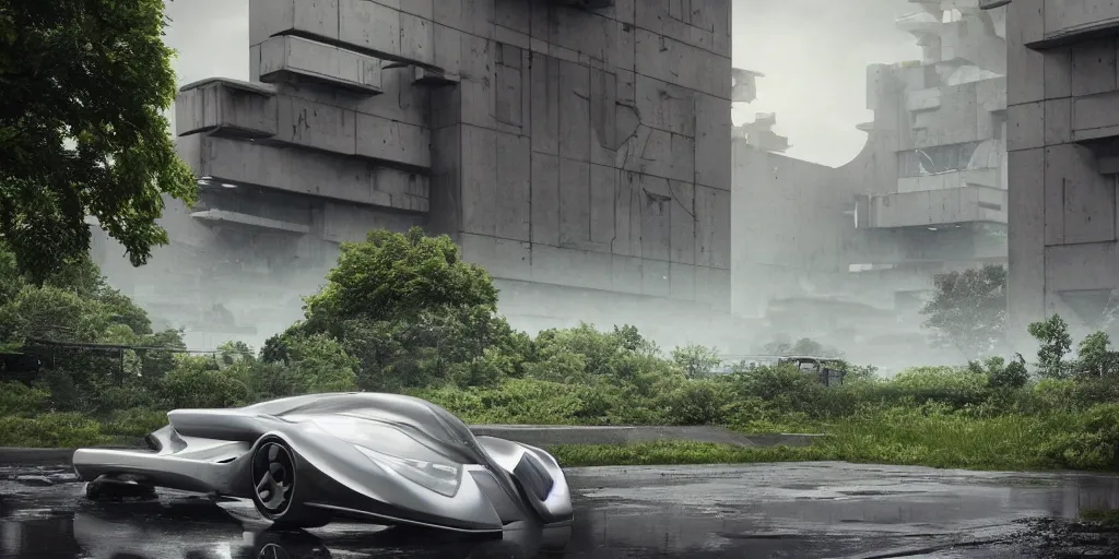 Image similar to highly detailed futuristic car, on the background brutalist architecture by Le Corbusier, abandoned buildings, empty streetscapes, surrounded by lush green vegetation, ground-level view, puddles of water, stunning volumetric lighting, sunset, trending on Artstation, 8k, photorealistic, hyper detailed, unreal engine 5, cinematic, epic lighting, cryengine, octane render, cyberpunk, red and orange glow, dark, gloomy